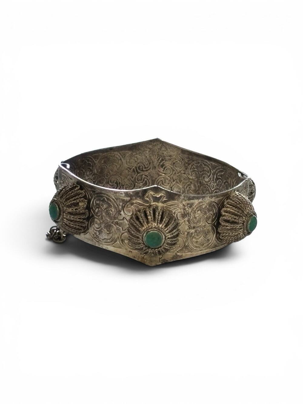 MIDDLE EAST 925 Silver Vintage Floral Turquoise Etched Bangle Bracelet